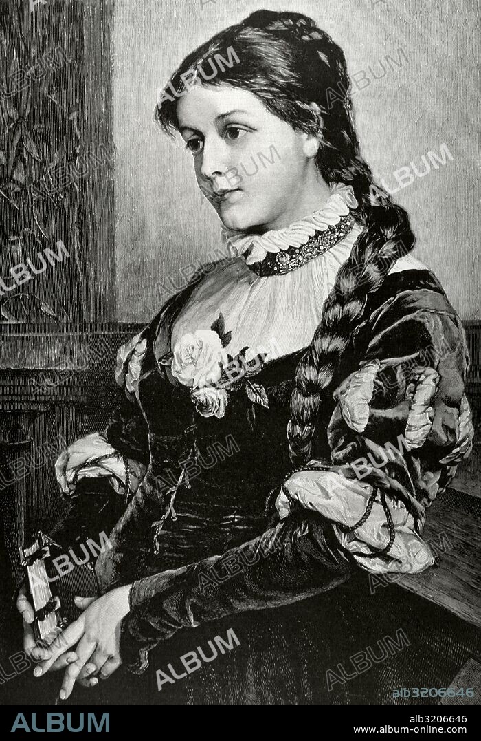 Fausto. Obra trágica escrita por Goethe. Retrato de Margarita, personaje de la obra y amor de Fausto. Grabado por Paar. La Ilustración, 1884.