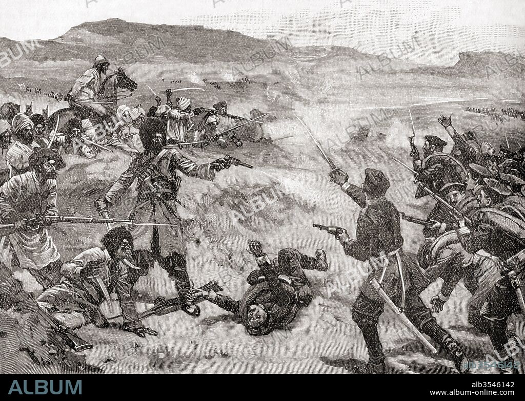 Fighting at the Pul-i-Khishti Bridge between Russian and Afghan soldiers at the Battle of Kushka, Afghanistan during The Panjdeh incident or Panjdeh Scare, 1885. From The Century Edition of Cassell's History of England, published c. 1900.