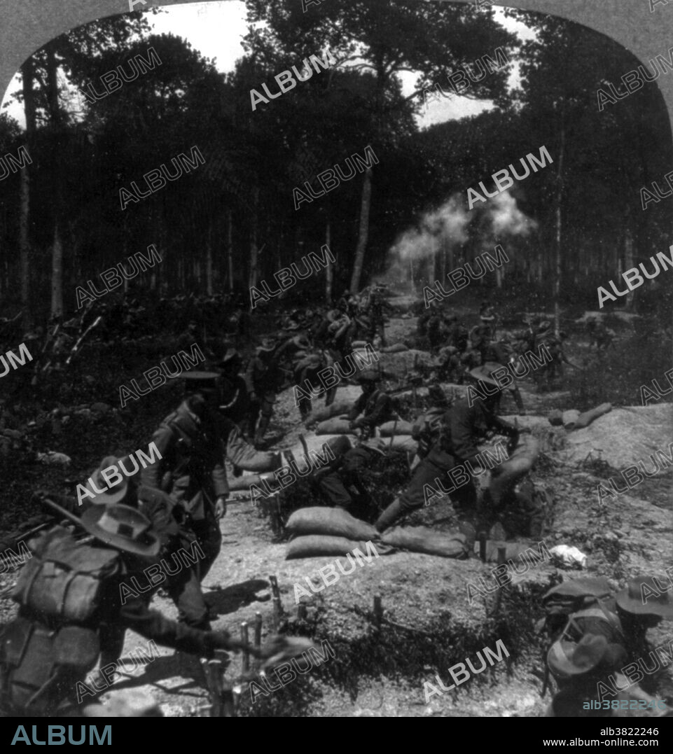 British soldiers in World War I. Second line coming up amid shell fire to win the trench, 1916. Trench warfare is a form of land warfare using occupied fighting lines consisting largely of trenches, in which troops are significantly protected from the enemy's small arms fire and are substantially sheltered from artillery. The most prominent case of trench warfare is the Western Front in World War I. Both sides constructed elaborate trench and dugout systems opposing each other along a front, protected from assault by barbed wire. The area between opposing trench lines (no man's land) was fully exposed to artillery fire from both sides. Attacks, even if successful, often sustained severe casualties. The common infantry soldier had only a few weapons to use in the trenches: the rifle, bayonet, and hand grenade. No location given on caption card.