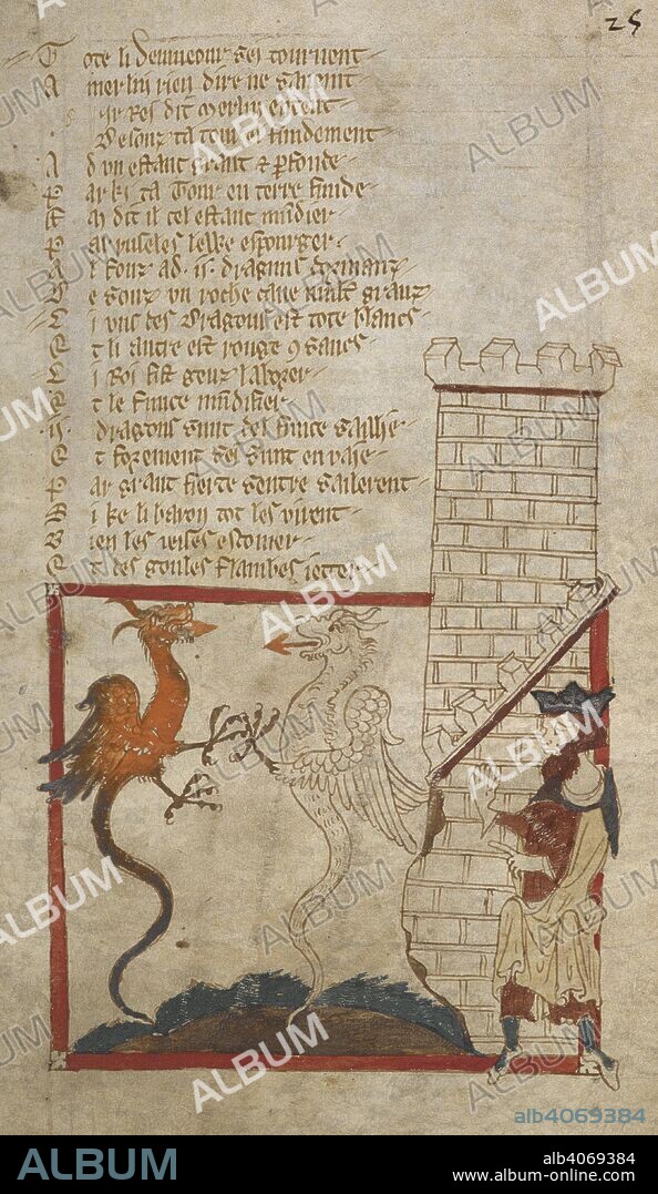 CANON OF BAYEUX WACE. The deeds of Merlin: Vortigern finds red and white dragons beneath the foundation of his castle. ROMANCES in French verse ... England; mid 14th century. (Whole folio) The deeds of Merlin: Vortigern finds red and white dragons beneath the foundation of his castle.  Image taken from Verse Chronicle of 'Roman de Brut' [abridgement].  Originally published/produced in England; mid 14th century. . Source: Egerton 3028, f.25. Language: French.