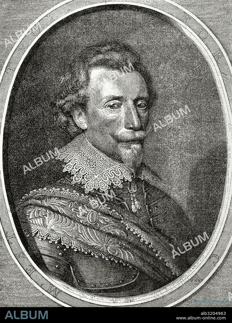 Ernesto de Mansfeld (1580-1626). Comandante militar alemán durante los comienzos de la Guerra de los Treinta Años. Retrato. Facsímil reducido del grabado de Guillermo Jacobzen Delff (1580-1638). Historia Universal, 1885.