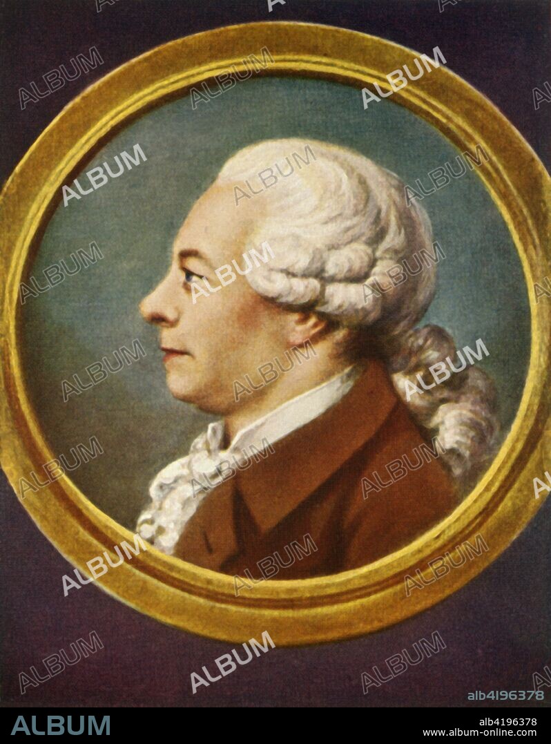 'Friedrich Gottlieb Klopstock', (1933). Portrait of German poet Friedrich Gottlieb Klopstock (1724-1803), best known for his epic poem "Der Messias" (The Messiah). After a miniature of 1770 by Johann Eberhard Ihle. From "Gestalten Der Weltgeschichte", a book of cigarette-card portrait miniatures of figures in world history from the last four hundred years. [Germany, 1933].