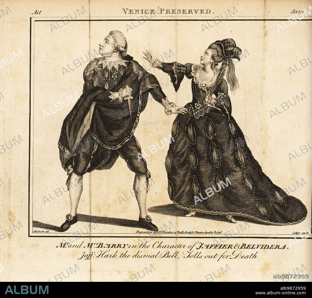 Mr. Spranger Barry and Mrs. Ann Barry in the characters of Jaffier and Belvidera in Thomas Otways Venice Preserved. The couple performed together at the Kings Theatre in 1766. Copperplate engraving by Joseph Collyer after an illustration by James Roberts from Bells British Theatre, Consisting of the most esteemed English Plays, John Bell, London, 1780.