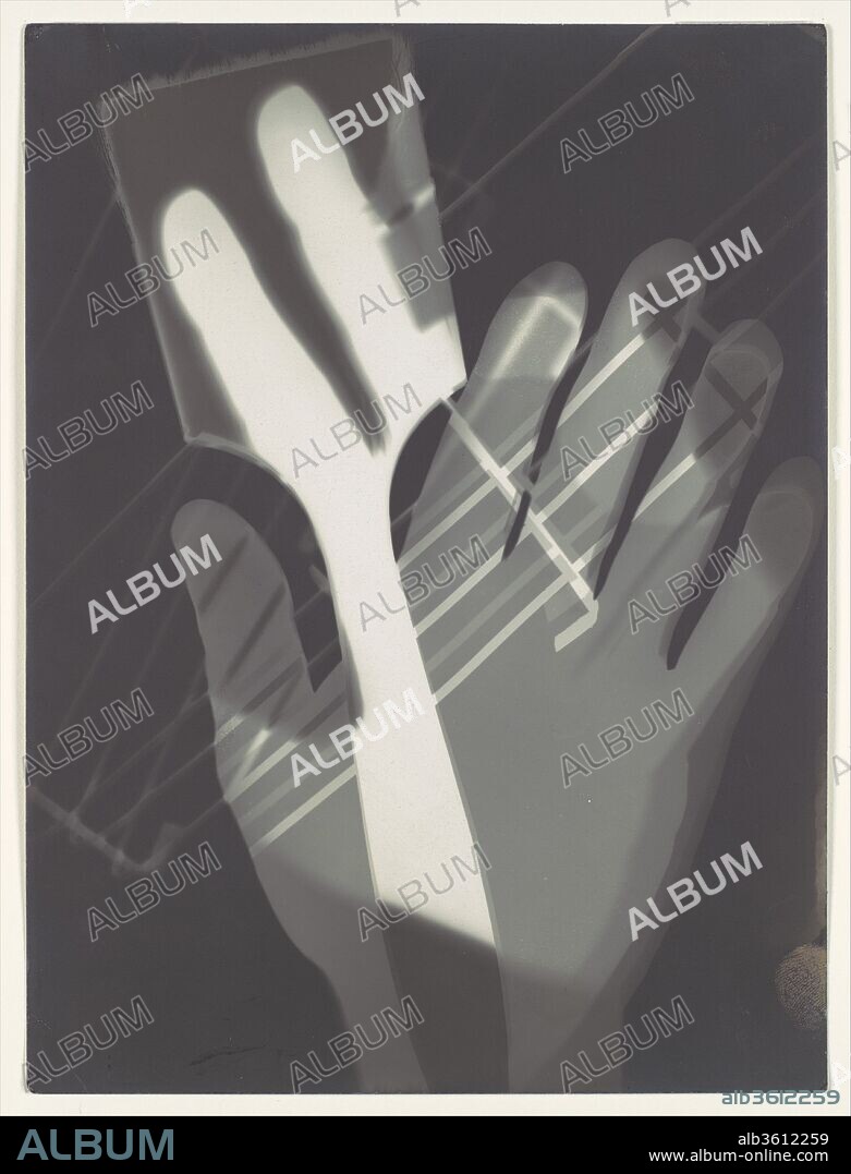 LÁSZLÓ MOHOLY-NAGY. Fotogramm. Artist: László Moholy-Nagy (American (born Hungary), Borsod 1895-1946 Chicago, Illinois). Dimensions: 23.9 x 17.9 cm (9 7/16 x 7 1/16 in.). Date: 1926.
Moholy-Nagy played a key role at the Bauhaus in Weimar and Dessau as a painter, graphic artist, teacher, and impassioned advocate of avant-garde photography. He made this image without a camera by placing ordinary objects, including his hand and a paintbrush, on a sheet of photosensitized paper and exposing it to light. While this simple process was practiced by photography's founders in the nineteenth century and was later popularized as a child's amusement, avant-garde artists in the twentieth century revived the photogram technique as a means for exploring the optical and expressive properties of light. With this shadow-image of a hand and paintbrush, Moholy-Nagy ambitiously suggests that photography may incorporate, and even transcend, painting as the most vital medium of artistic expression in the modern age.
