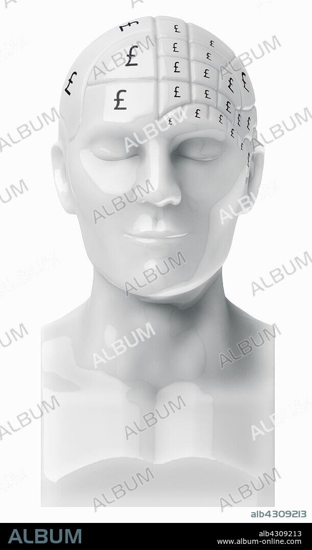 British pound signs covering brain on bust.
