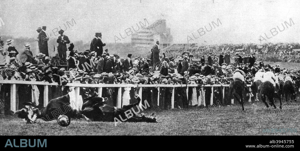The Derby tragedy of 1913, (1935). Emily Davison, a suffragette, threw herself in front of the King's horse, 'Anmer', and was killed. A print from King Emperor's Jubilee, 1910-1935, by FGH Salusbury, Daily Express Publications, London, 1935.