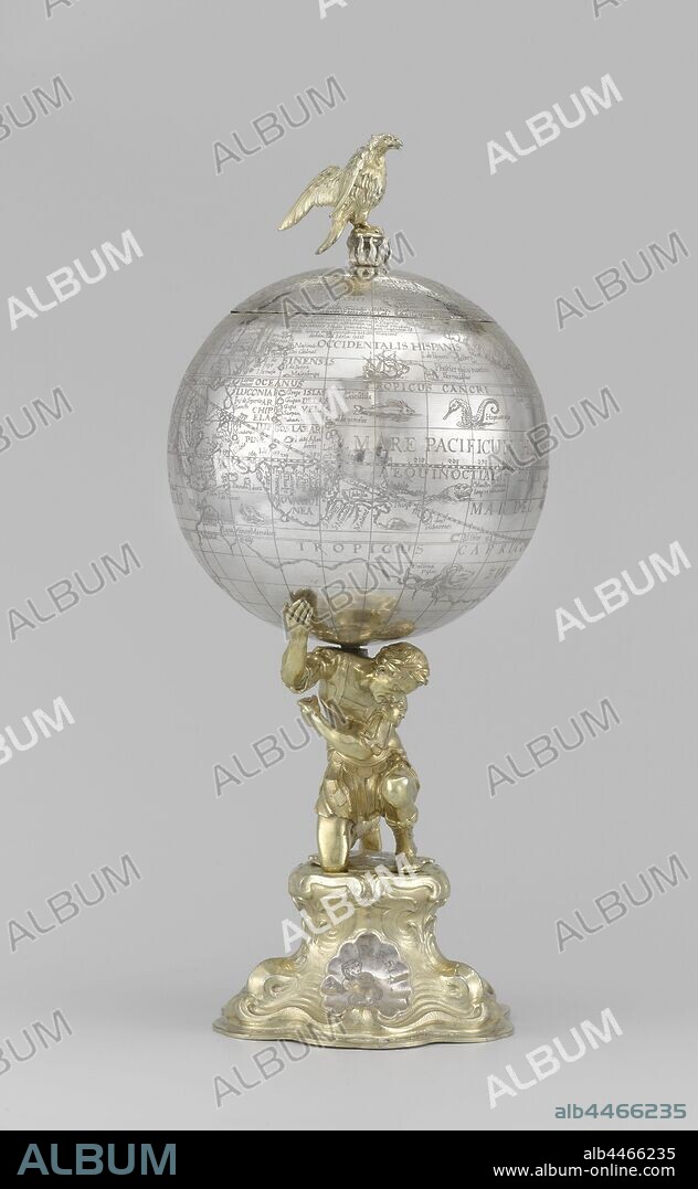 Globe cup Goblet, Representing a Terrestrial Globe, The earth globe is carried by Emperor Augustus and stands on a triangular base, decorated with sea monsters, cartouches and shells. A medallion is attached to the bottom. The medal and the cartouches bear inscriptions, which explain why Augustus and Alcmene have been given an honorable role. The globe is crowned by an eagle on its nest, (story of) Augustus, the Roman emperor, globe, Christoph Ritter (III), c. 1640, silver (metal), afwerking, engraving, h 25.5 cm × d 10.9 cm.