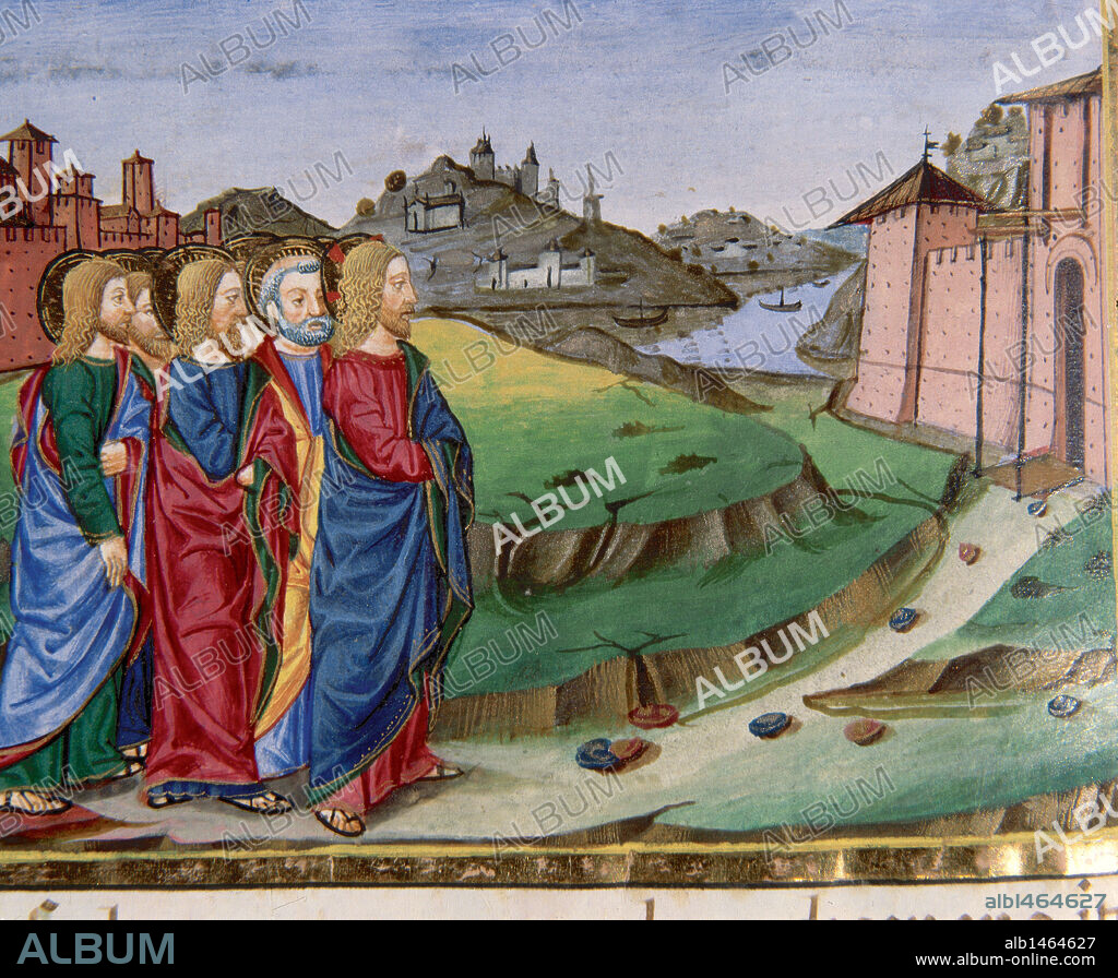 "JESUS, YENDO DE BETANIA A JERUSALEN, SABE QUE LO BUSCAN PARA MATARLO Y SALE POR LA NOCHE DE LA CIUDAD". Miniatura del Códice de Predis. S. XV. Biblioteca Real. Turín. Italia.