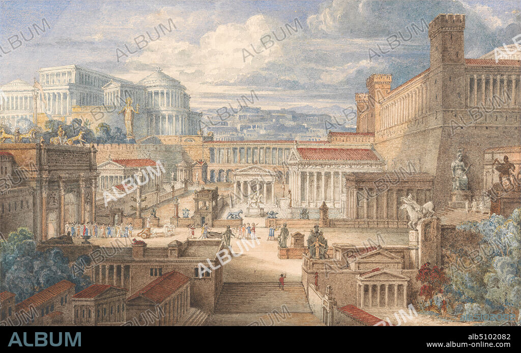 A Scene in Ancient Rome: A Setting for Titus Andronicus, I, ii, Joseph Michael Gandy, 17711843, British, ca. 1830, Graphite, watercolor and gouache with pen and brown ink on thick, slightly textured, cream wove paper, Sheet: 7 1/4 x 11 1/2in. (18.4 x 29.2cm), arcades, architectural subject, architecture, chariots (carriages), cityscape, clouds, columns (architectural elements), equestrian statues, Grand Tour, horses (animals), literary theme, people, plays by William Shakespeare, Roman, stairs, temples, towers (building divisions), triumphal arches, Italia, Rome.