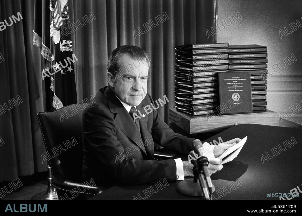 U.S. President Richard Nixon during his Television Address to the Nation regarding releasing Watergate Tape Transcripts, White House, Washington, D.C., USA, Warren K. Leffler, April 29, 1974.