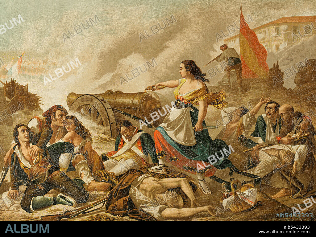 Agustina Zaragoza Doménech (1786-1857). Heroína de la Guerra de la Independencia (1808-1814), durante el primer sitio de Zaragoza. Llamada Agustina de Aragón. Luchó contra las tropas francesas en la defensa del baluarte del Portillo, en Zaragoza. Agustina de Aragón colaboraba en la defensa alentando a los artilleros y llevándoles municiones y alimentos. El cabo que mandaba la batería artillera del Portillo cayó herido, así como el resto de soldados de la posición. Al quedar la batería expuesta a ser capturada por los franceses, Agustina abrió fuego utilizando uno de los cañones. Algunos artilleros heridos pudieron ayudarla mientras llegaban refuerzos, consiguiendo mantener la posición y obligando a la retirada del enemigo. 2 de Julio de 1808. Cromolitografía. Historia General de España, por Miguel Morayta. Tomo IV. Madrid, 1892.