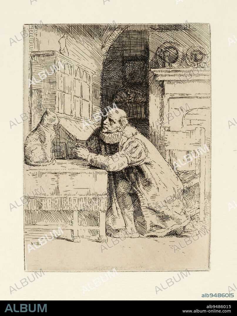 William Strang, 3.2.1859, 12.4.1921, Montaigne and a cat. Illustration by Izaak Walton and Charles Cotton The Compleat Agler, 1902, 15 × 11 cm, etching.