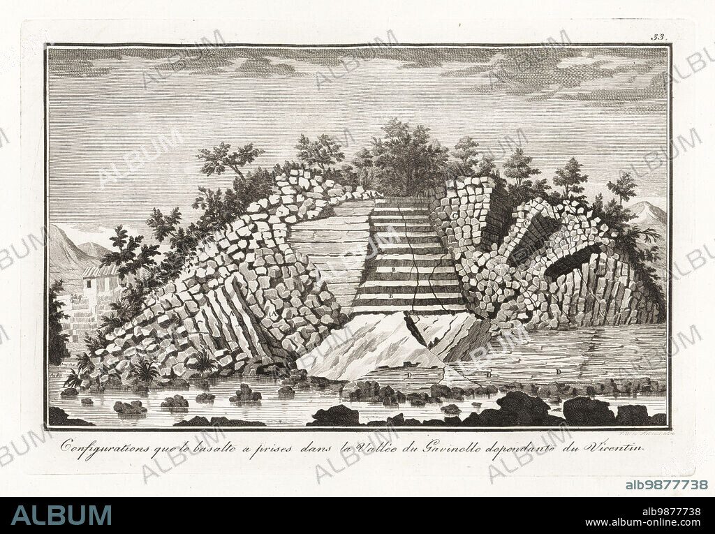 Basalt confirurations in the Gavinello Valley, Vicentin, northern Italy. Imperfect columns AA, horizontal columns BB, and horizontal columns of basalt lava DD. Configurations que le basalte a prises dans la Vallee du Gavinello dependante du Vicentin. Copperplate engraving by Milanese painter Gaetano Riboldi from Scipion Breislaks Traite sur la Structure Exterieure du Globe, Treatise on the Exterior Structure of the Globe, Jean-Pierre Giegler, Milan, 1822.