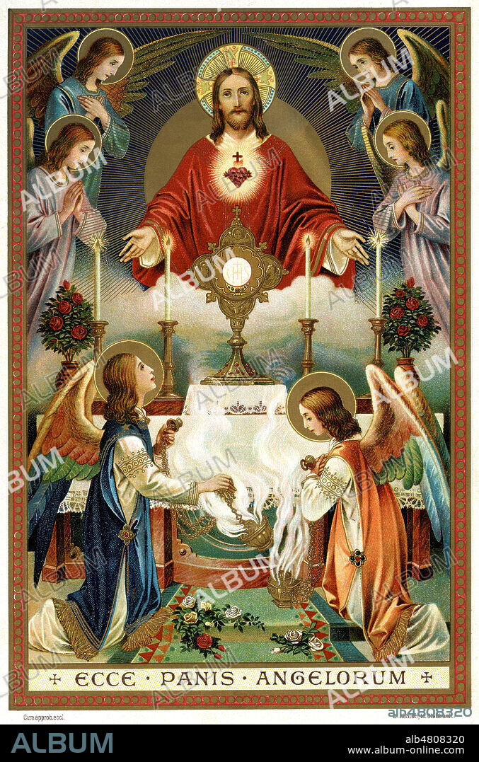 Ecce Panis Angelorum (JESUS CHRIST entoure d'anges au dessus de l'autel de la messe). Illustration de B. KULHEN et M. GLADBACH pour une chromo allemande vers 1900. Credit : Collection Jonas/Kharbine-Tapabor.