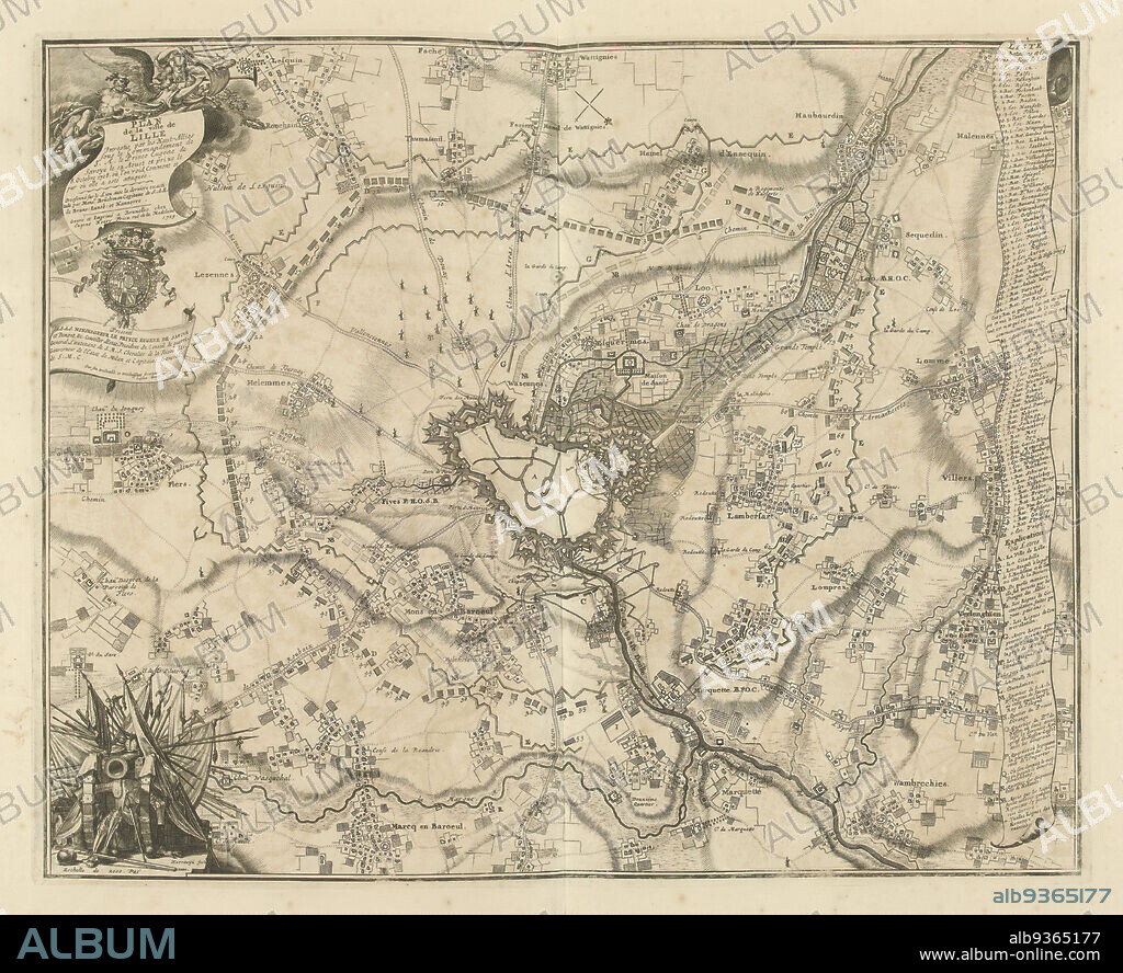 Map of the siege of Lille, 1708, Plan de la ville de Lille Investie par les Haut-Allies sous le Commandement de S.A. le Prince Eugene de Savoye le 13. Aoust en prize le 8. Octobre 1708 (title on object), Map of Lille (Rijssel) with the castle, besieged from August 22, 1708 by the Allies under Prince Eugenius of Savoy. On the right a banderole with the legend 1-80 and A-R in French. Part of a bundled collection of plans of battles and cities renowned in the War of the Spanish Succession., print maker: Jacobus Harrewijn (mentioned on object), Brüchman (mentioned on object), Brussels, 1709, paper, etching, engraving, height 470 mm × width 575 mm.