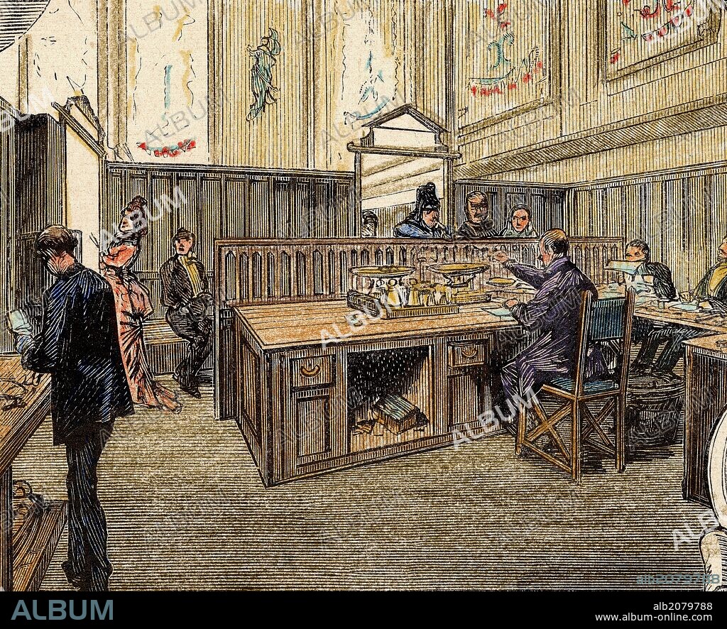 HISTORIA DE ESPAÑA. SIGLO XIX. ESTABLECIMIENTO BENEFICO DE MONTE PIEDAD y CAJA DE AHORROS, institución creada con un sentido social y religioso de ayuda a los más necesitados. "EMPEÑO DE ALHAJAS". Madrid. Grabado coloreado de "La Ilustración Española y Americana". Año 1876.