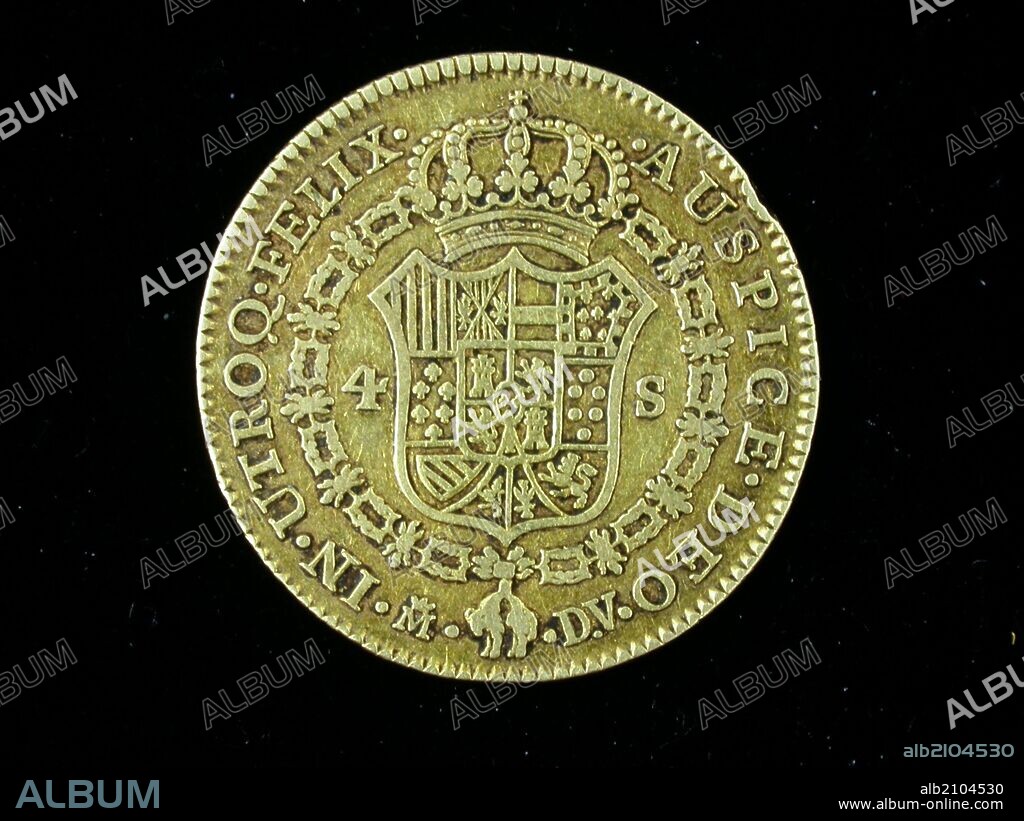 NUMISMATICA. MONEDA MODERNA. CUATRO ESCUDOS DE ORO, DE CARLOS III. REVERSO. ARMAS ENTERAS DE ESPAÑA CON LAS DE BORBON SOBREPUESTAS DENTRO DE UN ESCUDO CORONADO.1786. (DEPOSITO: MUSEO ARQUEOLOGICO NACIONAL).