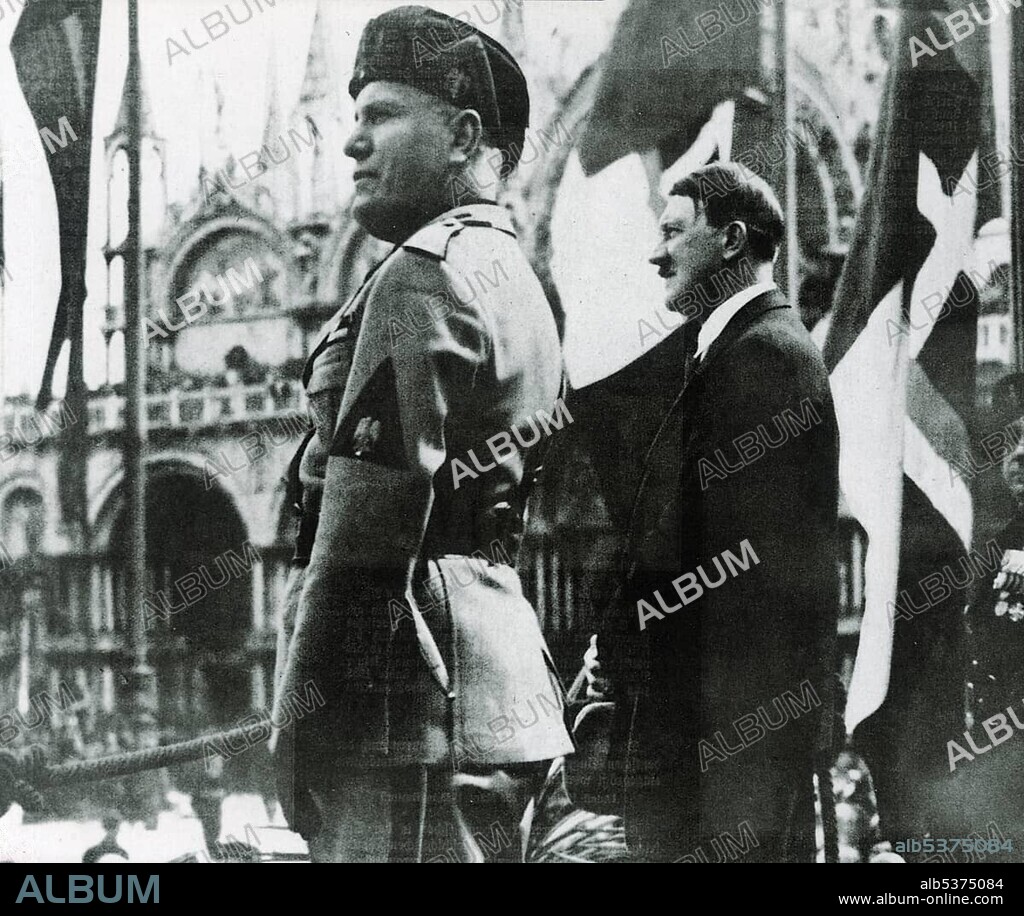 Benito Mussolini and Adolf Hitler during a parade at the Piazza San Marco, Venice, Italy, Europe, historical photo circa 1937