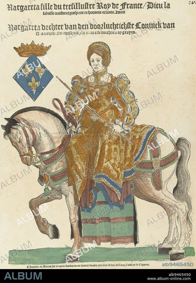 Portrait of Margaret of Valois on horseback, Cornelis Anthonisz. (manner of), 1539 - 1545, Margaret of Valois in ladies' seat on horseback. Top left diamond-shaped French coat of arms with crown, two lines of text in French and two in Dutch., print maker: Cornelis Anthonisz., (manner of), print maker: Hans Liefrinck (I), Hans Liefrinck (I), (possibly), Low Countries, publisher: Antwerp, 1539 - 1545, paper, h 406 mm × w 300 mm.