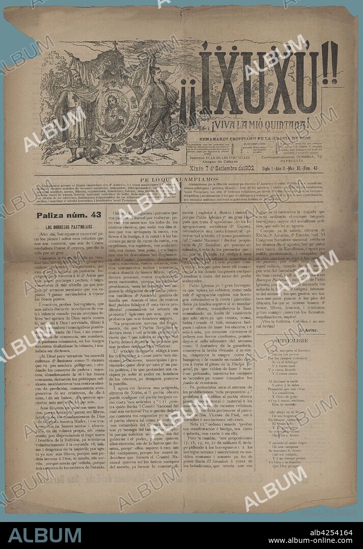 Portada del semanario cristiano ¡¡Ixuxú!!, editado en Xixon, septiembre de 1902.