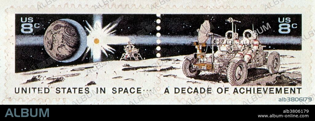 United States in Space a Decade of Achievement 8Â¢ Postage Stamp, 1971. The Apollo 15 mission was the first to include the Lunar Rover, a wheeled vehicle that greatly expanded the range of lunar exploration. During their three days on the Moon, astronauts Dave Scott and Jim Irwin went on three excursions with the Rover. At the end of the third trip, before re-entering the lunar module, Scott took out a cloth pouch. The envelope in the pouch carried two die proofs of the 8Â¢ 1971 stamps honoring the 10th anniversary of the space program. (One shows the Rover.) The stamps were issued the same day on Earth with a first-day ceremony at Florida's Kennedy Space Center. Scott canceled the die proofs with a cancellation device and ink pad from the pouch, producing a postmark that reads UNITED STATES / ON THE MOON / AUG. 2 1971 / FIRST DAY OF ISSUE.