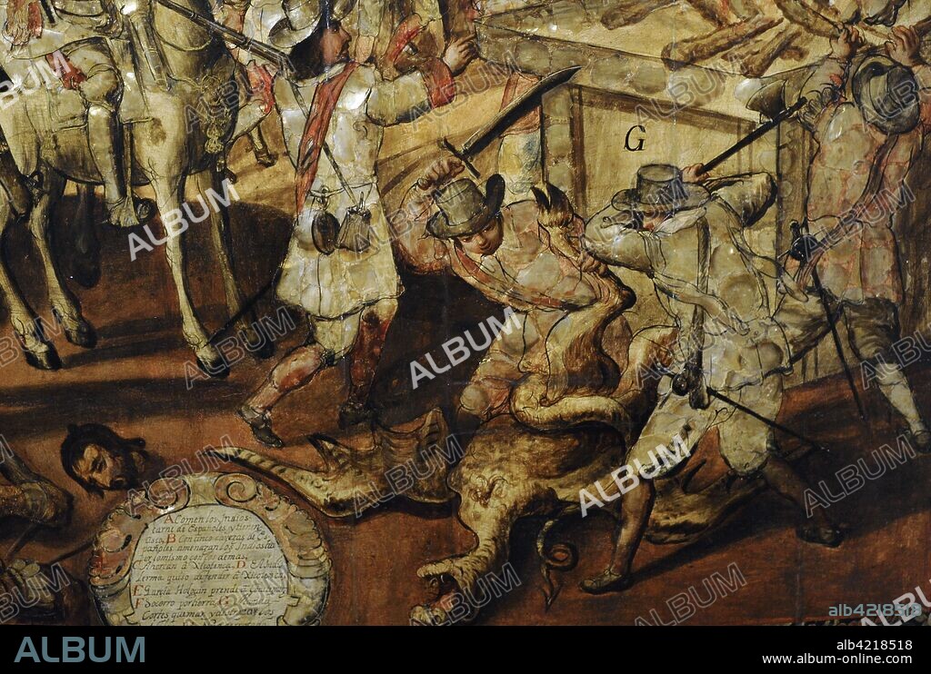 Título: Conquista de México. Autor: Anónimo. Tabla, pintura al óleo, nácar. Técnica: Enconchado. Escena de Cortés ordenando quemar y destrozar los ídolos. Detalle. 1676-1700. Escuela Mexicana. Virreinato de la Nueva España. México. América del Norte. Museo de América. Madrid. España.