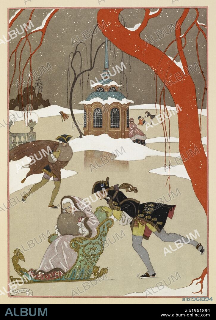 'En patinant'. People ice skating. A woman seated in a sled. FÃªtes galantes. [PoÃ¨mes]. Illustrations de George Barbier. Paris: H. Piazza, 1928. A winter scene. FÃªtes Galantes is an album consisting of romantic prints of French life among the upper classes of the 19th century. Rich aristocrats of the French court used to play gallant scenes from the commedia dellâ€™ arte that were called Fetes Galantes. The prints accompany Paul Verlaine's poetry. Each album contains 20 lithograph prints with pochoir highlighting by George Barbier. Source: L.45/2847. Language: French.