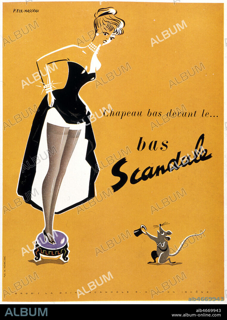 ' Chapeau bas devant le BAS SCANDALE ...' Publicite annees 50 illustree par FIX-MASSEAU PIERRE (1905-1994) (ADAGP), une femme releve ses jupes en montant sur un tabouret par peur d'une souris . Credit Collection Kharbine Tapabor.