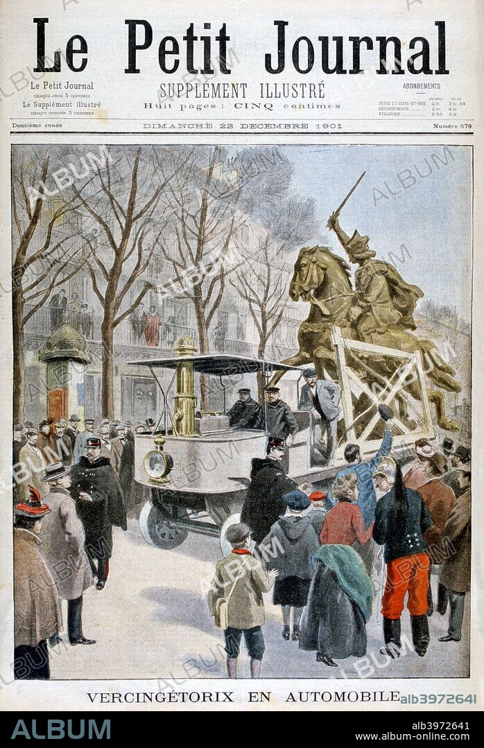 Statue of Vercingetorix in transit, France 1901.The Gallic chieftain Vercingetorix was chosen as king by the Arverni, a powerful tribe that occupied what is now the Auvergne. In 52 BC he led the Arverni against Roman rule but was ultimately defeated and captured by Julius Caesar. This equestrian statue of him, which stands in the Place de Jaude in Clermont-Ferrand, is by the French sculptor Frederic Bartholdi, who also produced the Statue of Liberty. Illustration published in Le Petit Journal, 22nd December 1901.