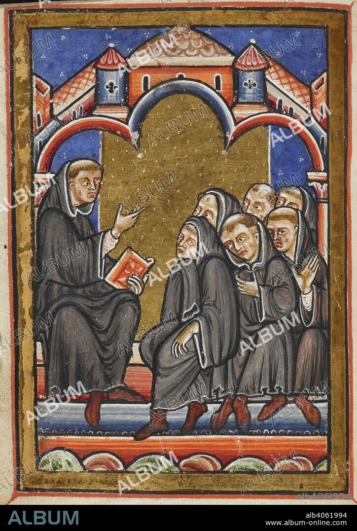 Miniature of Cuthbert teaching the monks in the monastery of Lindisfarne, from Chapter 16 of Bede's prose Life of St Cuthbert. . Prose Life of St. Cuthbert; extracts from the Historia Ecclesiastica (History of the English Church and People). England, N. (Durham). Last quarter of the 12th century. Source: Yates Thompson 26 f.35v. Language: Latin.