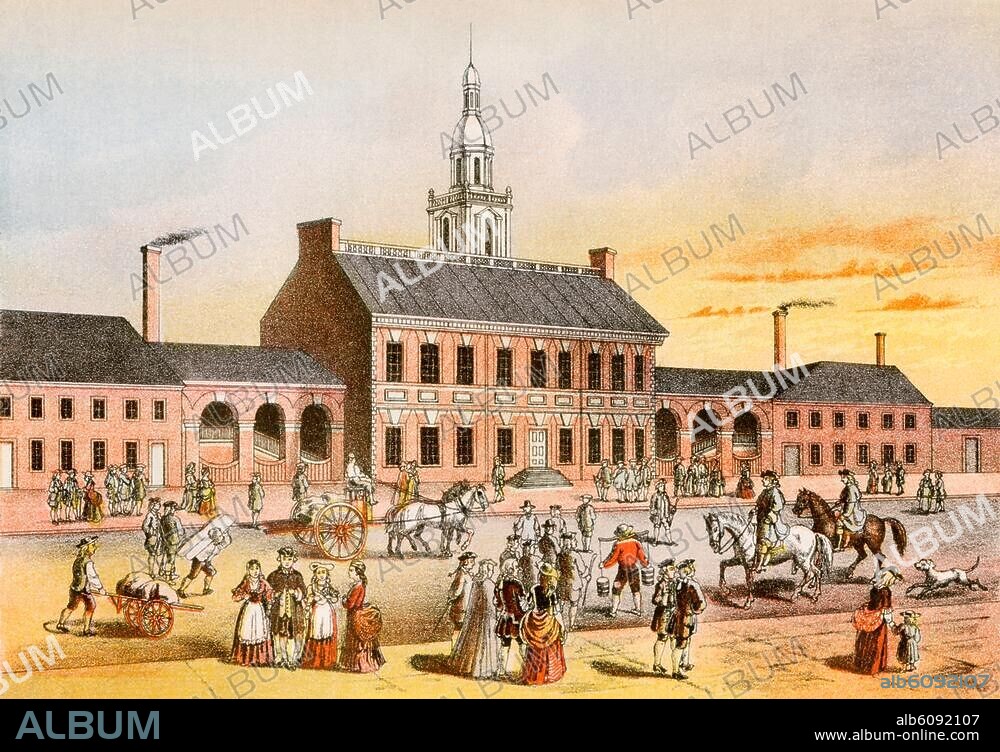 Independence Hall in Philadelphia where the Continental Congress met to write the Declaration of Independence, 1776. Printed color lithograph of a 19thcentury illustration.