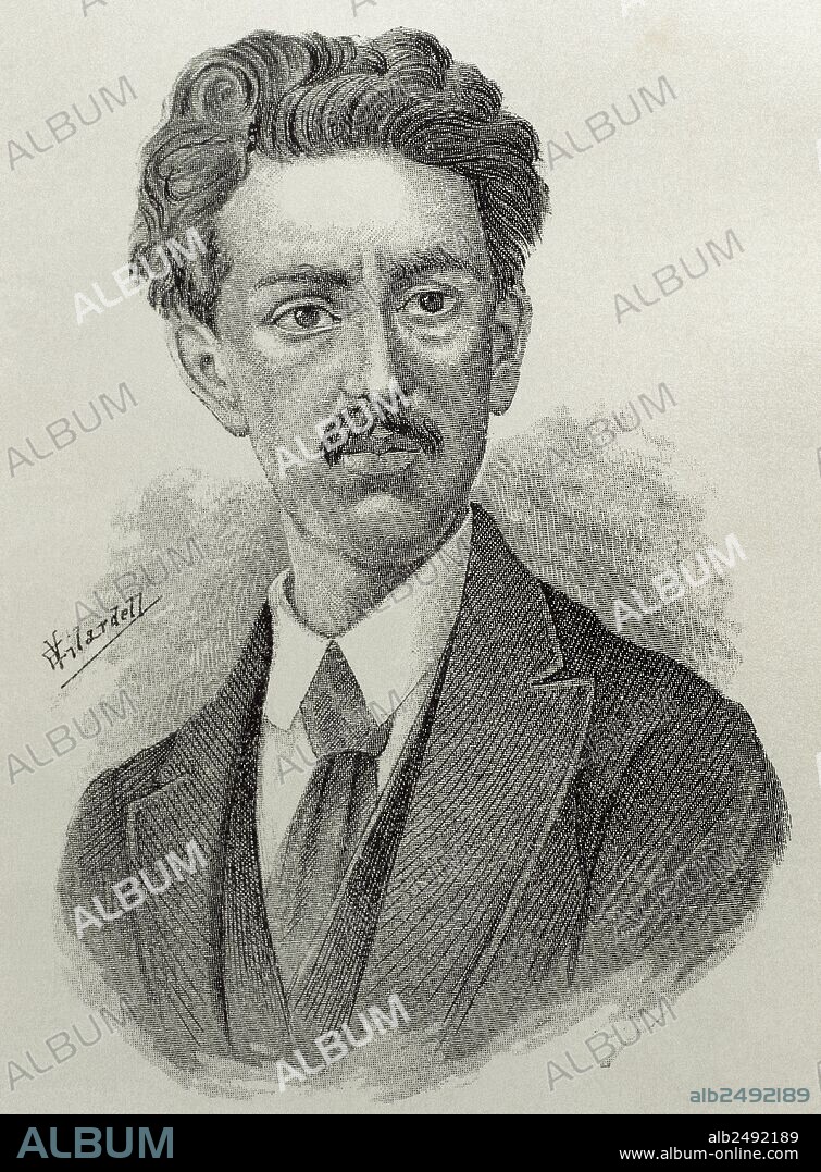 Manuel Acuna Narro (1849-1873). Mexican writer. Engraving by E. Vilardell.