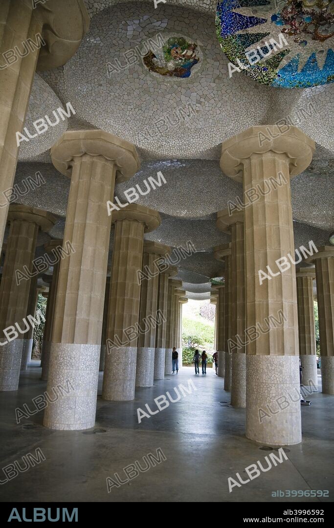 The Room of the Hundred Columns, Park Guell, Barcelona, Spain, 2007. The Room oof the Hundred Columns - although in reality there are only 84 - was intended to house the market-place of the projected community. The columns, Doric in form, support tiny spherical cupolas on which the upper square stands. Park Guell is a garden complex with architectural elements designed by Antonio Gaudi. The park was built between the years 1900 and 1914 and was turned into a public park in 1923 after the original idea of Count Eusebi Guell to create a garden city following the English model did not prosper. The park is included in the 'Works of Gaudi' declared Word Heritage Sites by UNESCO in 1984.