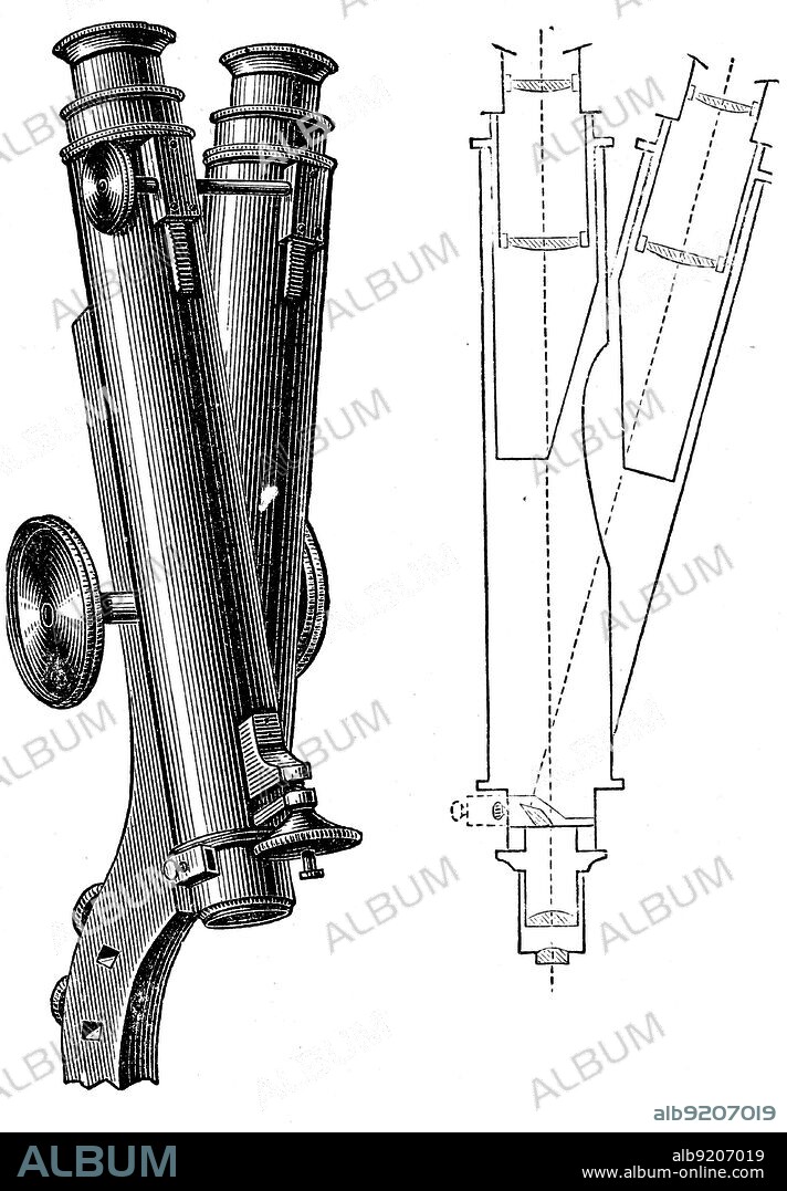 Binocular microscope by Wenge - an illustration of the encyclopedia publishers Education, St. Petersburg, Russian Empire, 1896.