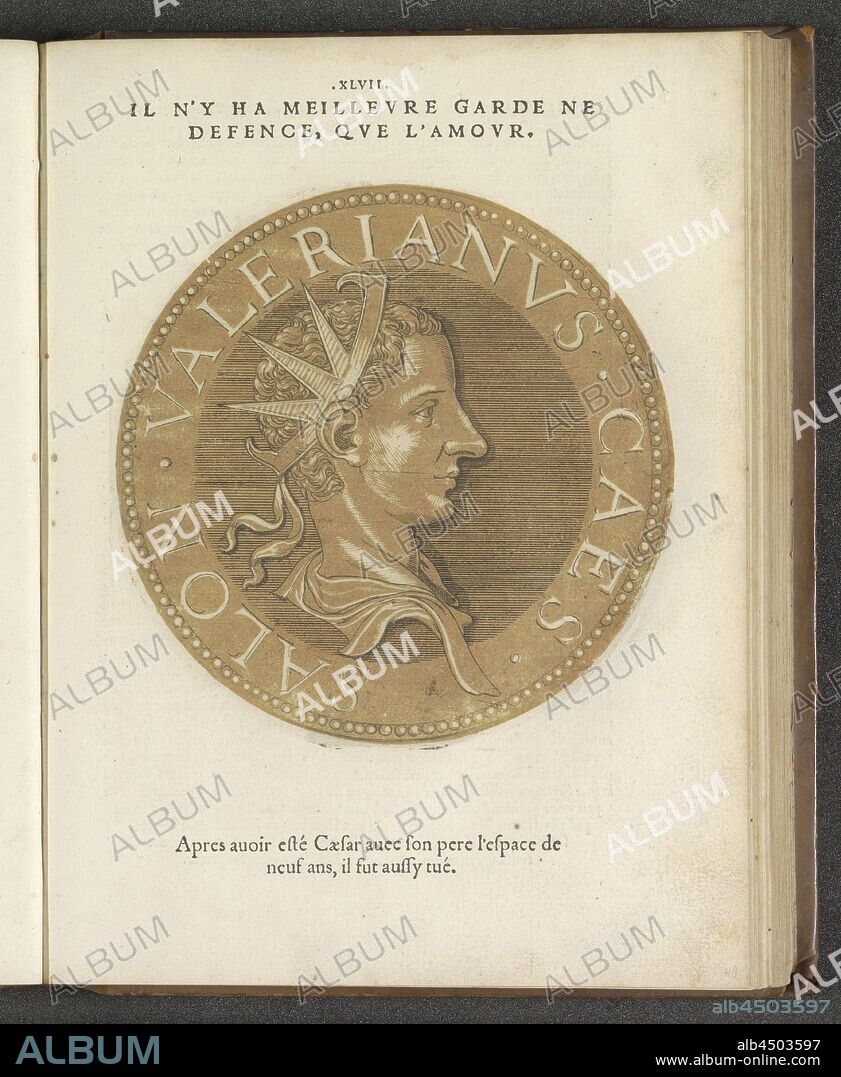 Portrait of Emperor Salonius Les images presque de tous les empereurs (series title), Portrait of Emperor Salonius, on a coin with an inscription. The print is part of a book about the emperors from Julius Caesar to Charles V and his brother Ferdinand, emperor, Salonius (emperor of the Roman Empire), Joos Gietleughen, Antwerp, 1557 and/or 1559, paper, letterpress printing, h 180 mm × w 180 mm.