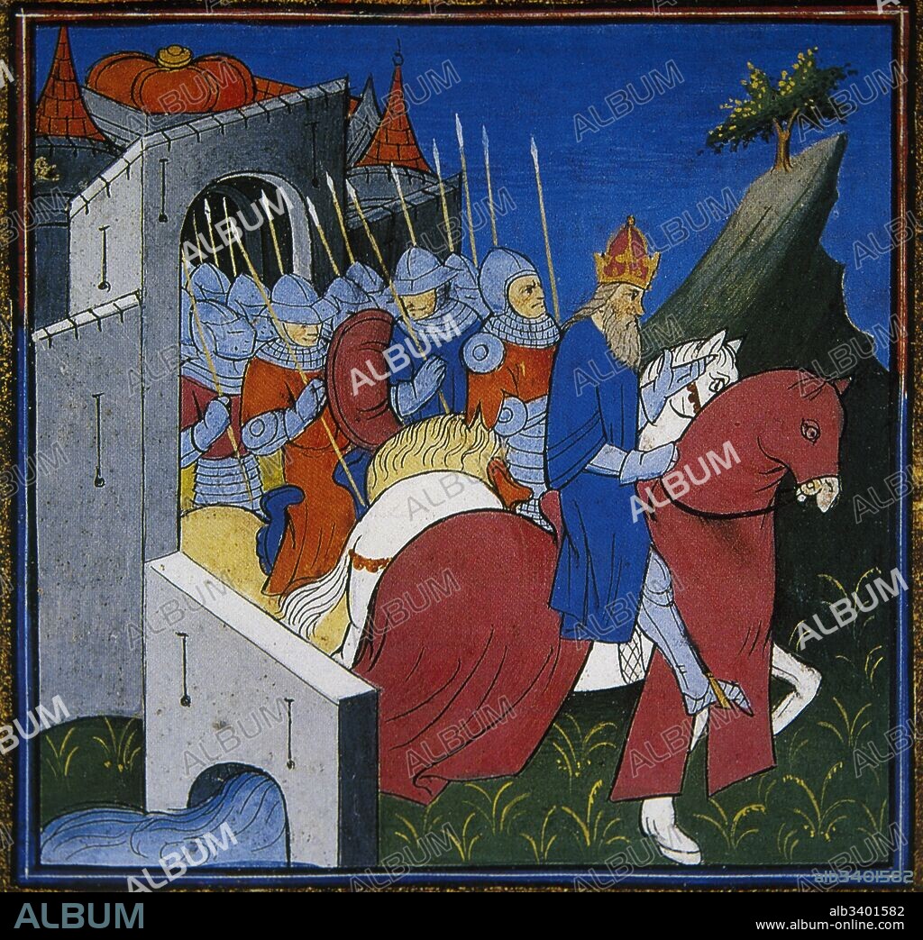Julius Caesar and the Helvetian (gallic tribe) Campaign of 58 BC. Julius Caesar coming out of Rome to go fight against the Helvetians. Miniature, 15th century. Conde Museum. Chantilly. France.