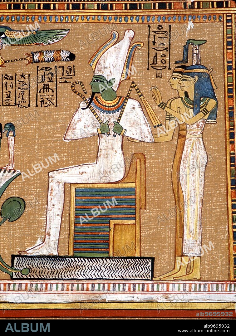 Mythology - Egyptian - Osiris - the god Osiris enthroned within a shrine, with the wife-sister, Isis, and her sister Nephthys behind. Also the four gods of the cardinal points. From the Egyptian Book of the Dead. - ©Charles Walker / TopFoto.