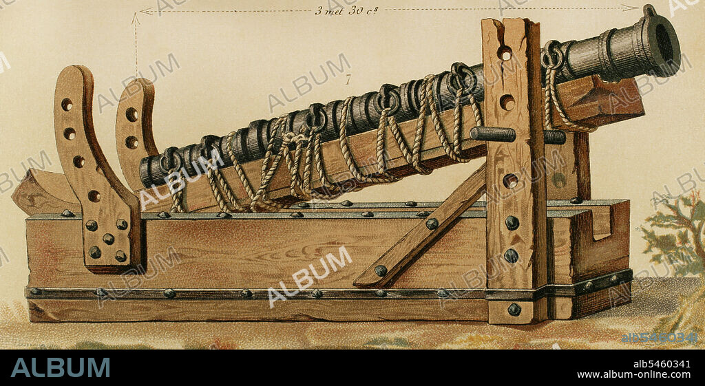 Edad Media. Arma del siglo XIII. Bombarda montada en su afuste. Cromolitografía. Historia General de España, por Modesto Lafuente. Tomo II. Publicado en Barcelona, 1879.