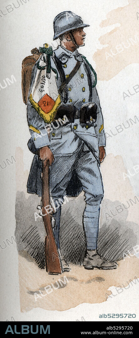 MAURICE TOUSSAINT. Francia. Uniformes de regimiento franceses. Infantería de línea en uniforme de invierno en 1920. Grabado de 1945.