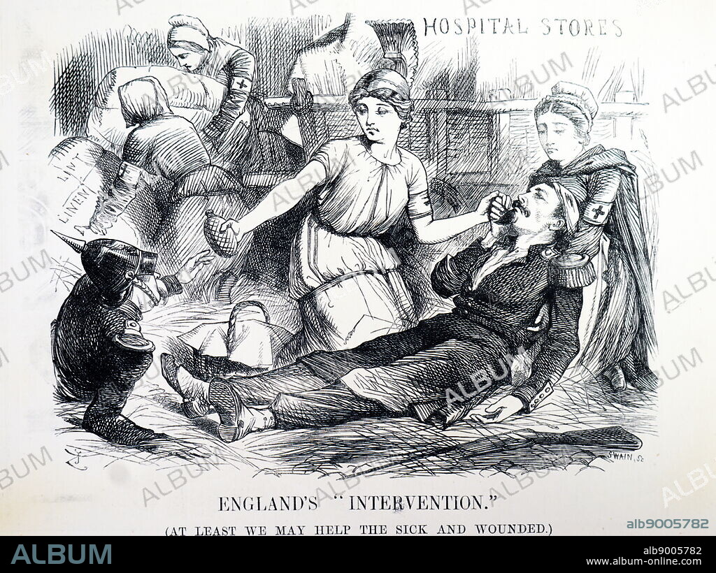 Cartoon commenting on the Franco-Prussian War. Britannia (centre) and her team of nurses tend to both Prussian (left) and French (right) wounded. Illustrated by John Tenniel (1820-1914) an English illustrator, graphic humourist, and political cartoonist. Dated 19th century.