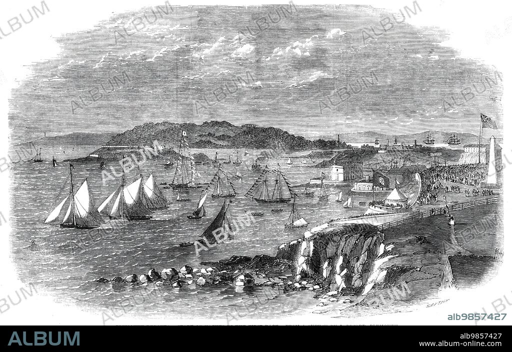 SMYTH. Plymouth Regatta - start of yachts in the first race - from a sketch by J. Offord, Plymouth, 1860. 'The annual Royal Western Yacht Club of England and the Port of Plymouth Regatta took place on Thursday, the 16th, and Friday, the 17th September. Although the weather on the day previous was very discouraging to all concerned, on Thursday morning it cleared up, and the picturesque Sound of Plymouth presented all the appearance of an unusual holiday. A strong W.S.W. wind was blowing, cold for the time of year, but most appropriate for the event. The matches came off with unusual rapidity, producing a corresponding amount of interest amongst the spectators. A Government lighter (Devon), fitted up for the convenience of the committee and decorated with flags, formed a conspicuous object in the centre, while several other vessels equally gay were stationed near. The course was from the Devon, past Scot's ground, the Knap, Pentille Point, Droyston, and, after crossing the Sound, ran in from the Mew Stone past the end of the Break-water'. From "Illustrated London News", 1860.