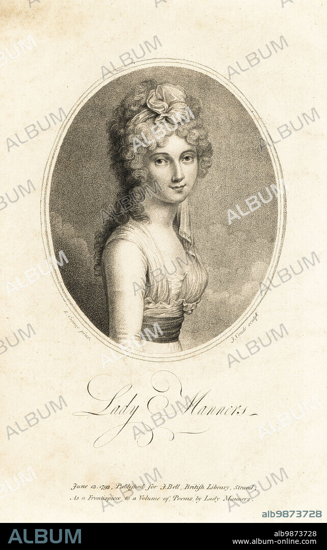 Lady Catherine Rebecca Manners (1766-1852), Irish poet and critic, daughter of Francis Gray, and wife of Sir William Manners Tollemache, Lord Huntingtower, Baronet of Hanby Hall. Author of Poems (1793) and Review of Poetry (1799). Oval portrait copperplate engraving by F. Conde after a portrait by Richard Cosway, frontispiece to a book of Lady Manners' poems published by John Bell, British Library, London, 1793.