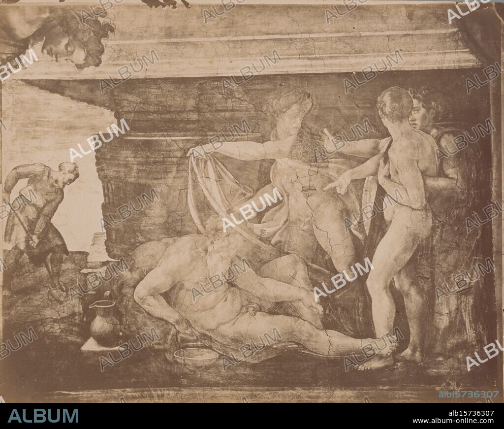 Photo reproduction of the fresco The Drunkenness of Noah by Michelangelo in the Sistine Chapel, photograph, anonymous, after painting by: Michelangelo, (mentioned on object), Vaticaanstad, 1851 - 1900, paper, albumen print, height, 200 mm × width, 258 mm, height, 253 mm × width, 354 mm.