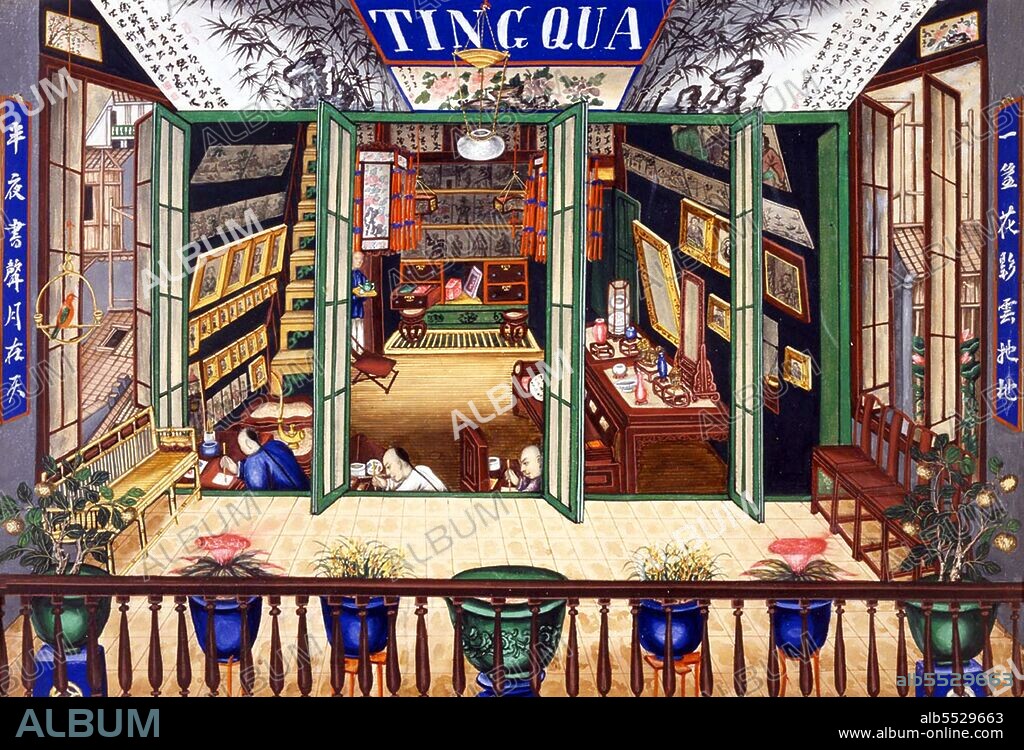 The studio of the artist Tingqua was perhaps the most prolific source of Chinese export painting during the nineteenth century. Located at 16 China Street, Guangzhou, the school specialized in gouache and watercolor paintings influenced by Western artistic traditions. These works became known in America primarily through the American China trader Augustine Heard, who brought a substantial collection of Tingqua paintings back to the United States in ca. 1855. These are now located at the Peabody Museum in Salem, Massachusetts. Tingqua was from a family of Chinese artists, each of whom were recognized for there skills in painting scenes suitable for the export market. His father, Guan Zuolin, often known by his western name, Spoilum, was the first identifiable artist of the Cantonese export school. Tingqua's work is perhaps most recognized for its exquisite characterization of daily life and for its exceptional detail. The precision of the brushwork and concentration upon light effects is superb, and in each scene the importance of world trade with China is beautifully displayed.
