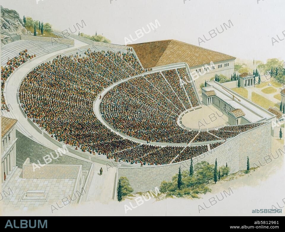 Athen (Griechenland), Dionysos-Theater (am Südabhang der Akropolis; vorperikleisch bis hellenistisch; ab 1892 ausgegraben). Rekonstruktion: Das Theater im späten. 4. Jahrh. v. Chr.; links das Heiligtum des Asklepios. Aquarell, undat., von Peter Connolly (1935-2012).