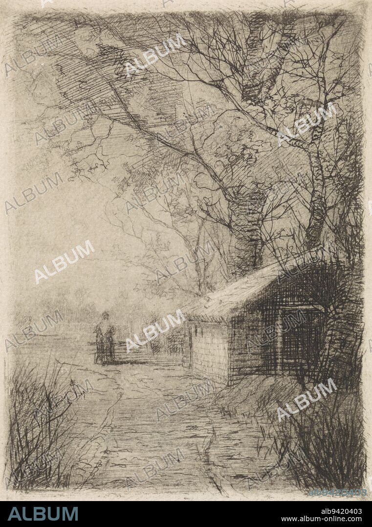Landscape with barn under trees and a road, print maker: Elias Stark, (signed by artist), Nieuwer-Amstel, Feb-1886, paper, etching, h 96 mm × w 70 mm.