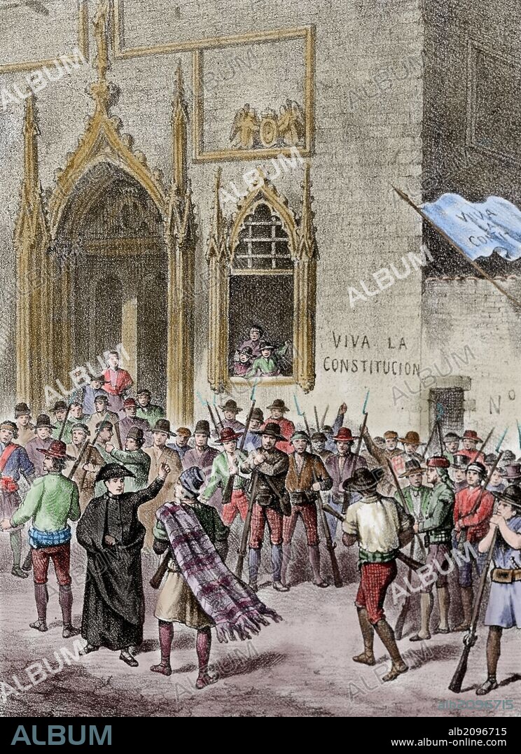 Spain history. Liberal Triennium. National Militia Uprising in the city of Valencia, 1822. They want to defend the Spanish Constitution of absolutism of King Ferdinand VII. Lithograph by J. Serra and Vidal (s. 19). Colored.