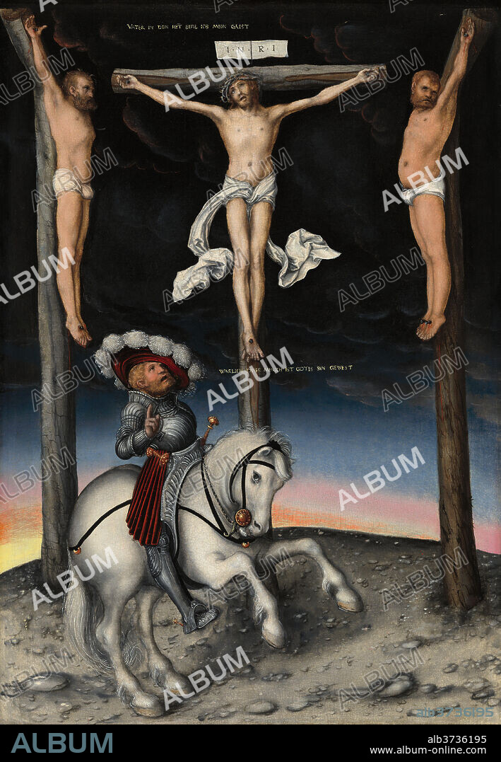 LUCAS CRANACH L'ANCIEN. The Crucifixion with the Converted Centurion. Dated: 1536. Dimensions: overall: 50.8 x 34.6 cm (20 x 13 5/8 in.)  framed: 67.6 x 51.7 x 5.3 cm (26 5/8 x 20 3/8 x 2 1/16 in.). Medium: oil on panel.
