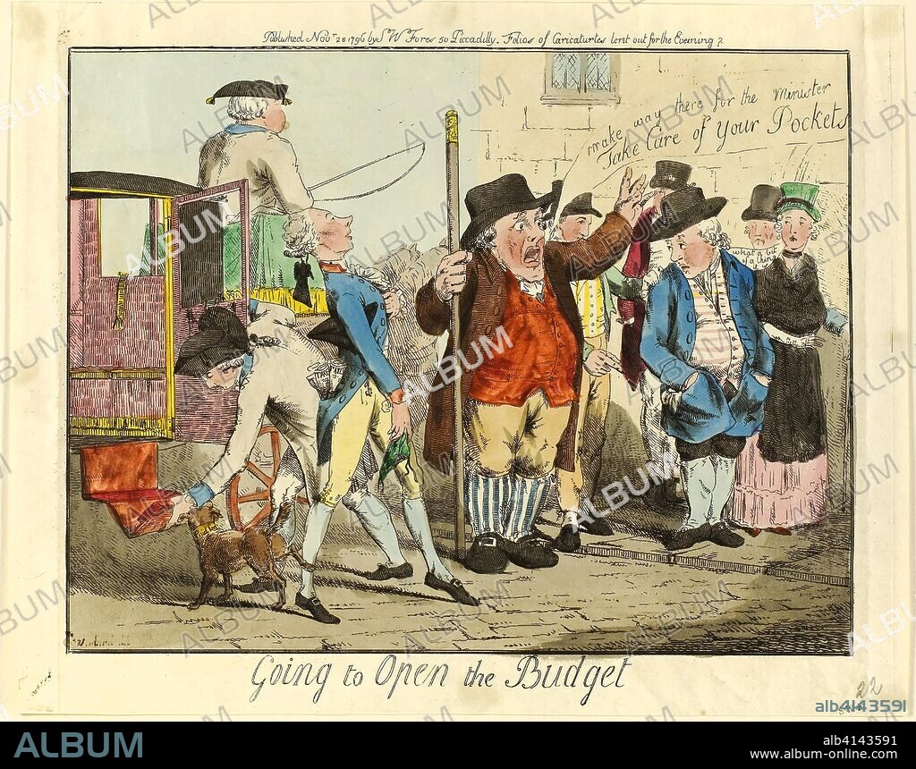 GEORGE WOODWARD. Going to Open the Budget. Unknown Artist (English, late 18th century); after George Moutard Woodward (English, c. 1760-1809); published by S.W. Fores (English, 1761-1838). Date: 1796. Dimensions: 270 × 335 mm. Etching in black, with hand-colored additions, on cream wove paper. Origin: England.