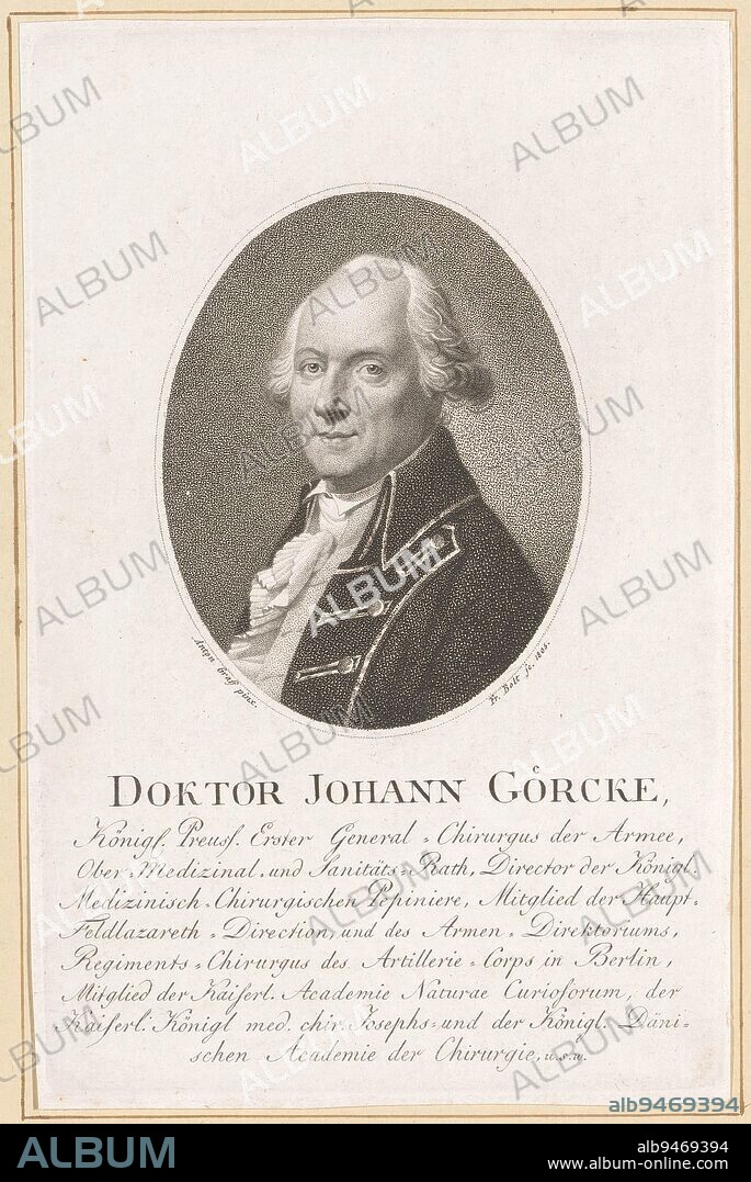 Portrait of Johann Goercke, Johann Friedrich Bolt, after Anton Graff, 1805, print maker: Johann Friedrich Bolt, (mentioned on object), intermediary draughtsman: Anton Graff, (mentioned on object), Berlin, 1805, paper, h 199 mm - w 128 mm.